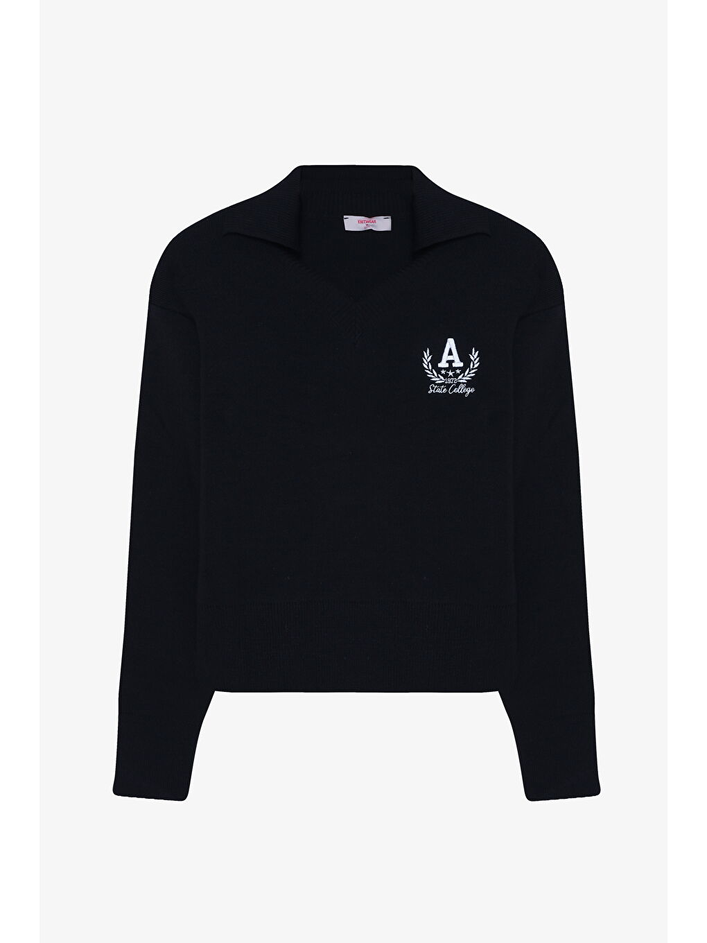 Arma Nakışlı Gömlek Yaka Triko Kazak Lacivert