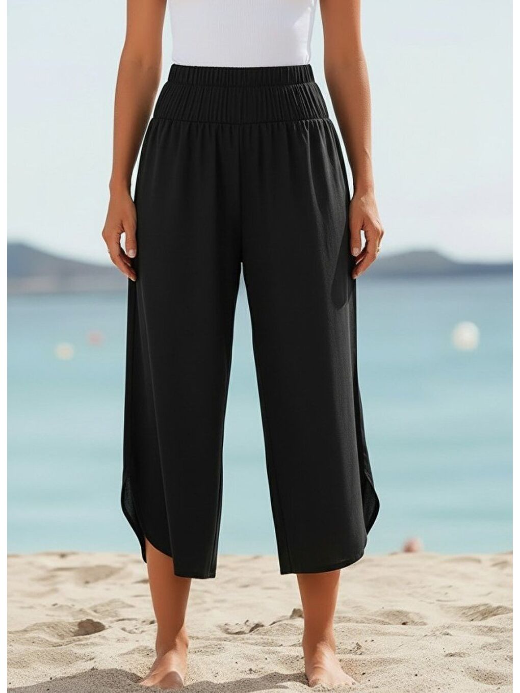 Siyah Kadın Yüksek Bel Yandan Yırtmaç Detaylı Aerobin Pantolon-2