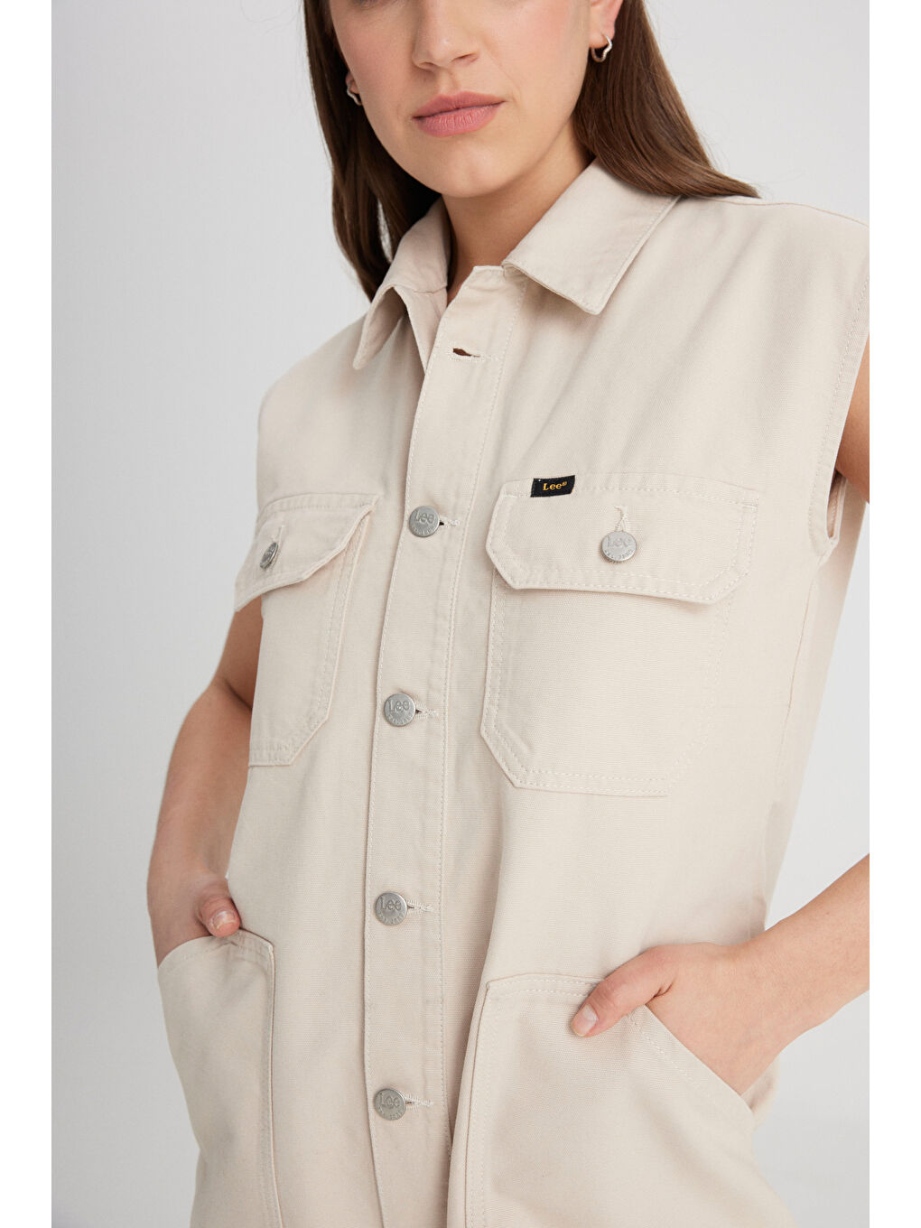 Straight Fit Düz Kesim Gömlek Yaka Düz Paça %100 Pamuk Bej Tulum-4