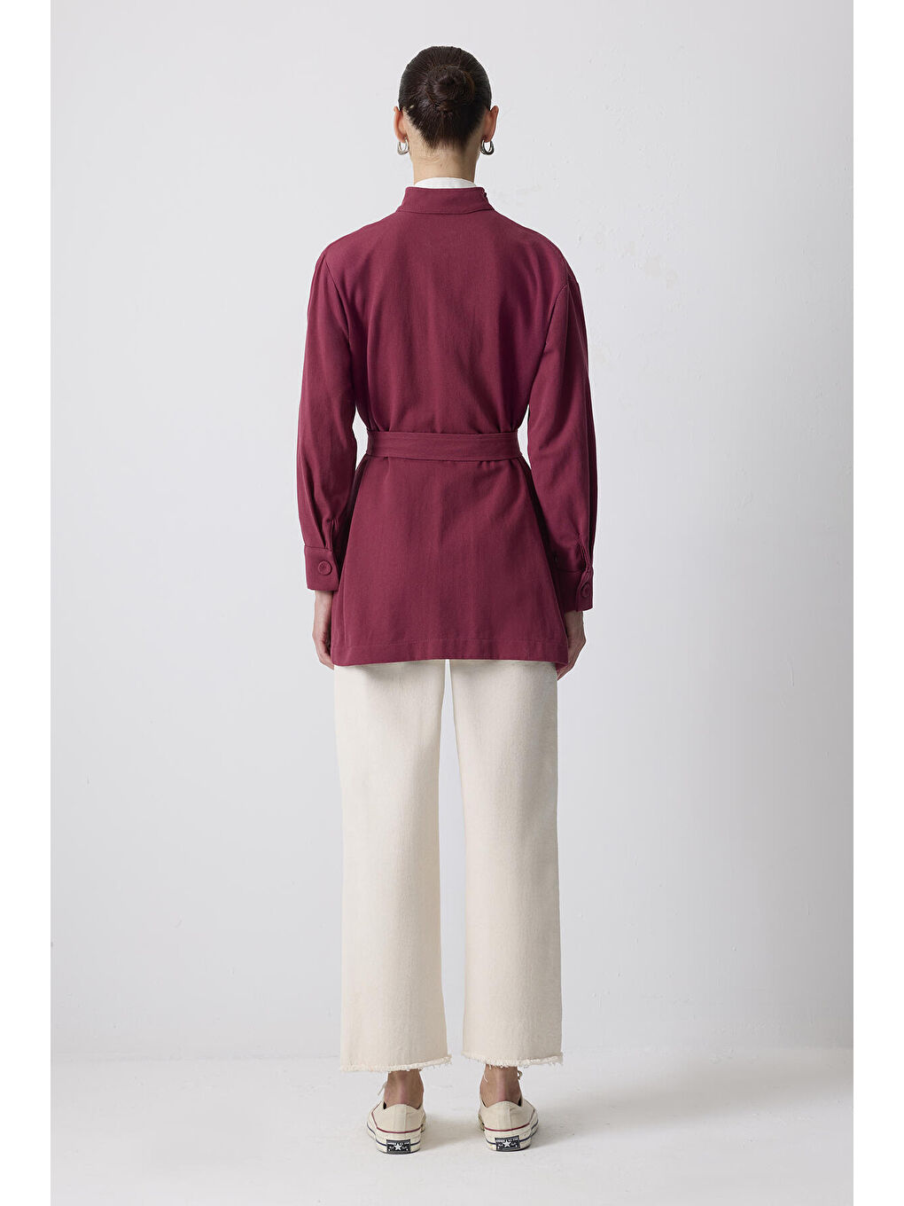 Bordo Kuşaklı Gabardin Ceket-4