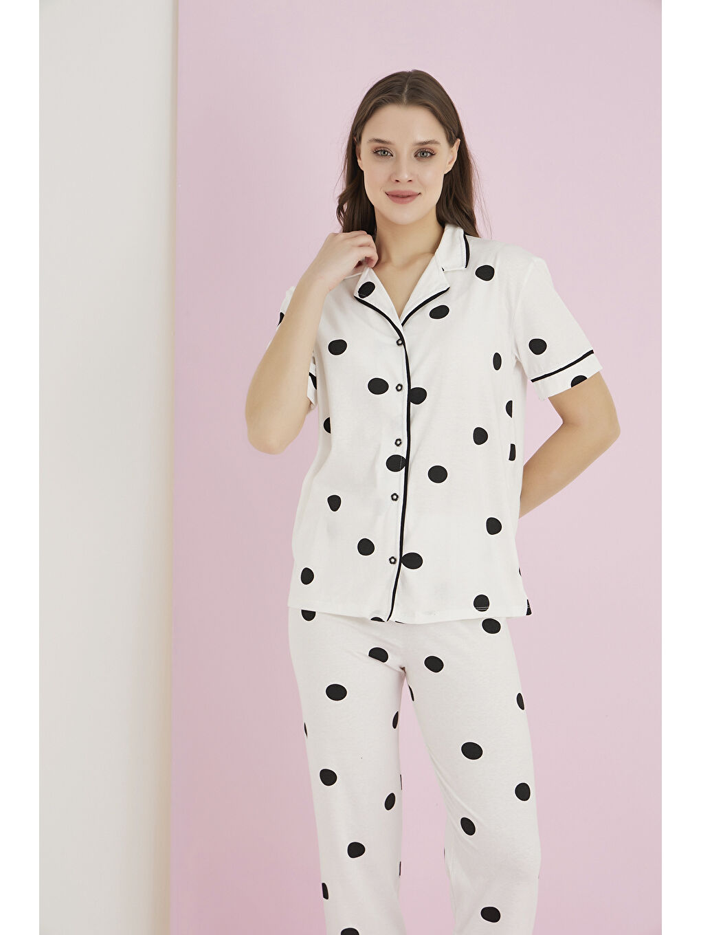Beyaz Penye Düğmeli Pijama Takımı 7093-11-1