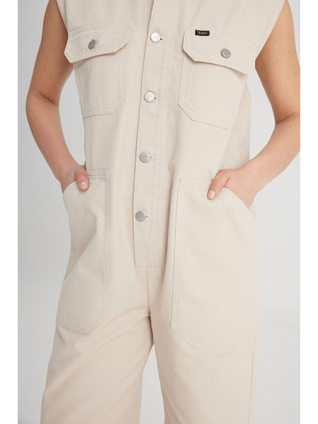 Straight Fit Düz Kesim Gömlek Yaka Düz Paça %100 Pamuk Bej Tulum-5