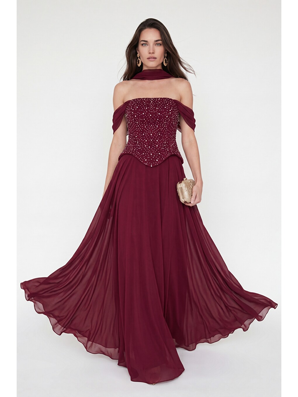 Kadın Bordo Şal Yaka Peplum Detay Uzun Şifon Abiye Elbise