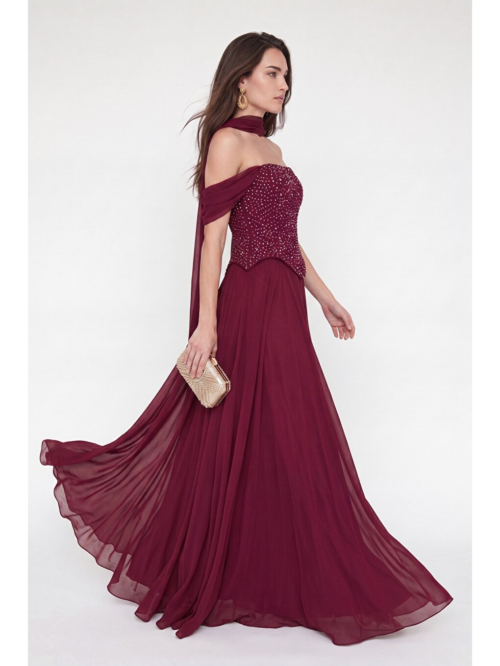 Kadın Bordo Şal Yaka Peplum Detay Uzun Şifon Abiye Elbise-1