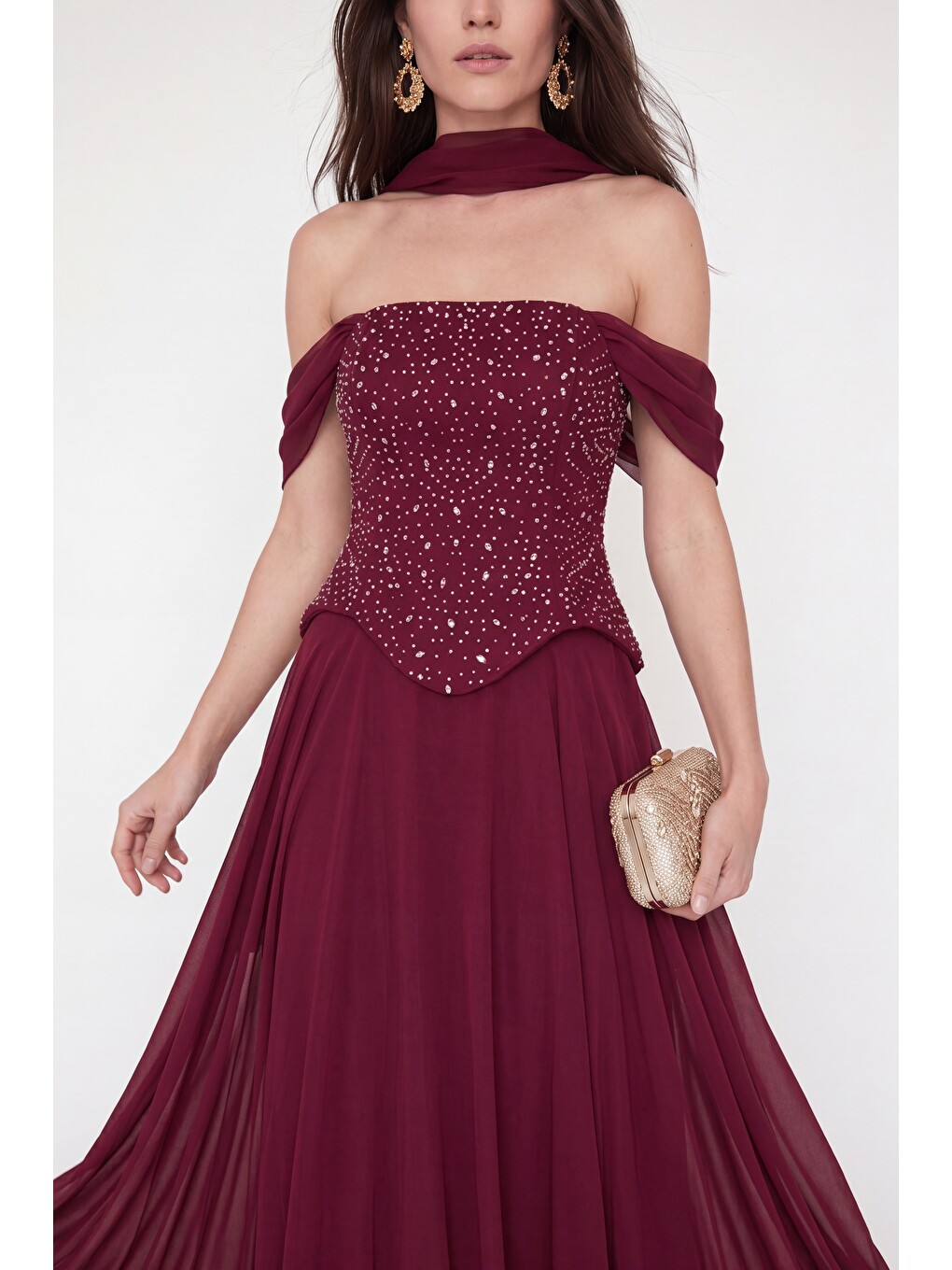 Kadın Bordo Şal Yaka Peplum Detay Uzun Şifon Abiye Elbise-2