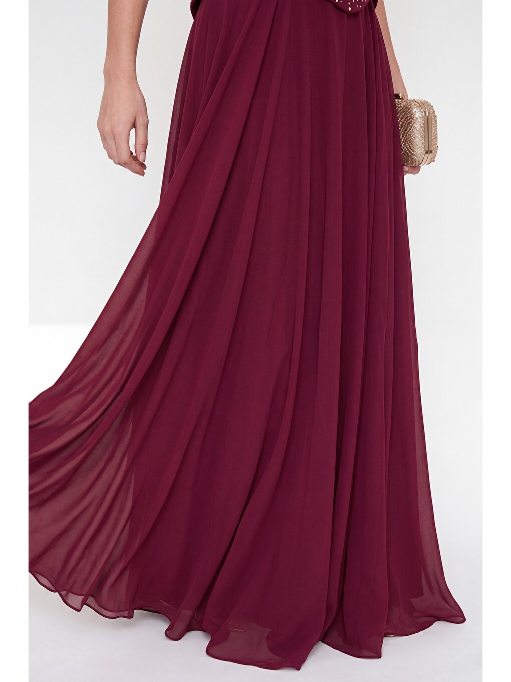 Kadın Bordo Şal Yaka Peplum Detay Uzun Şifon Abiye Elbise-3
