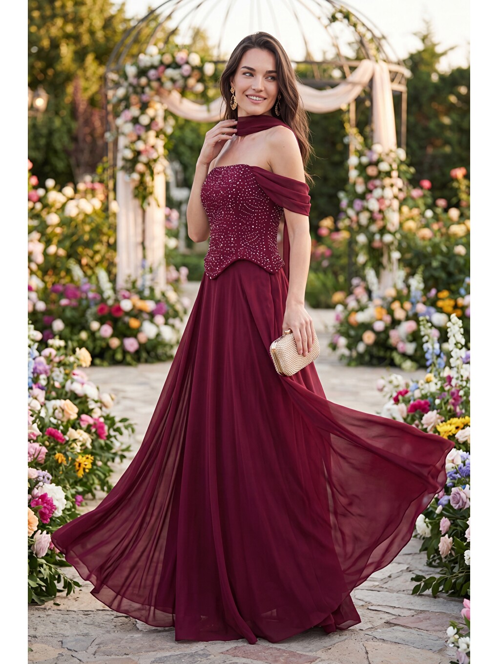 Kadın Bordo Şal Yaka Peplum Detay Uzun Şifon Abiye Elbise-4