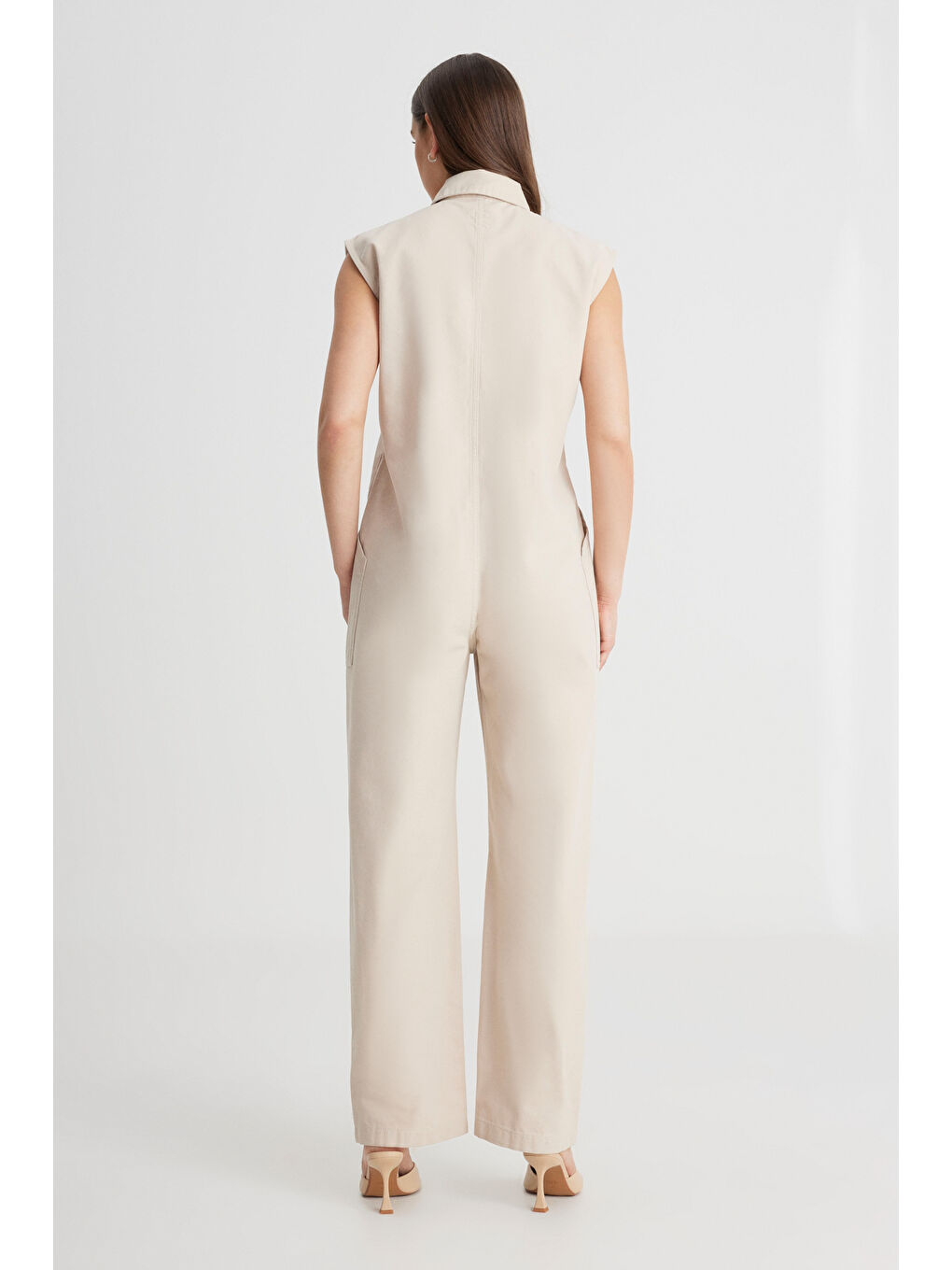 Straight Fit Düz Kesim Gömlek Yaka Düz Paça %100 Pamuk Bej Tulum-6