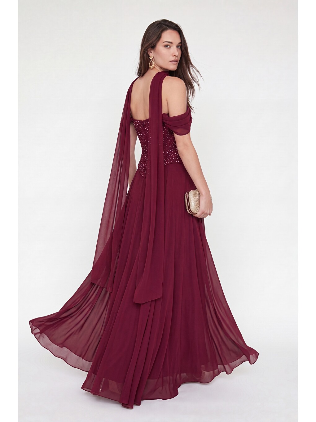 Kadın Bordo Şal Yaka Peplum Detay Uzun Şifon Abiye Elbise-5