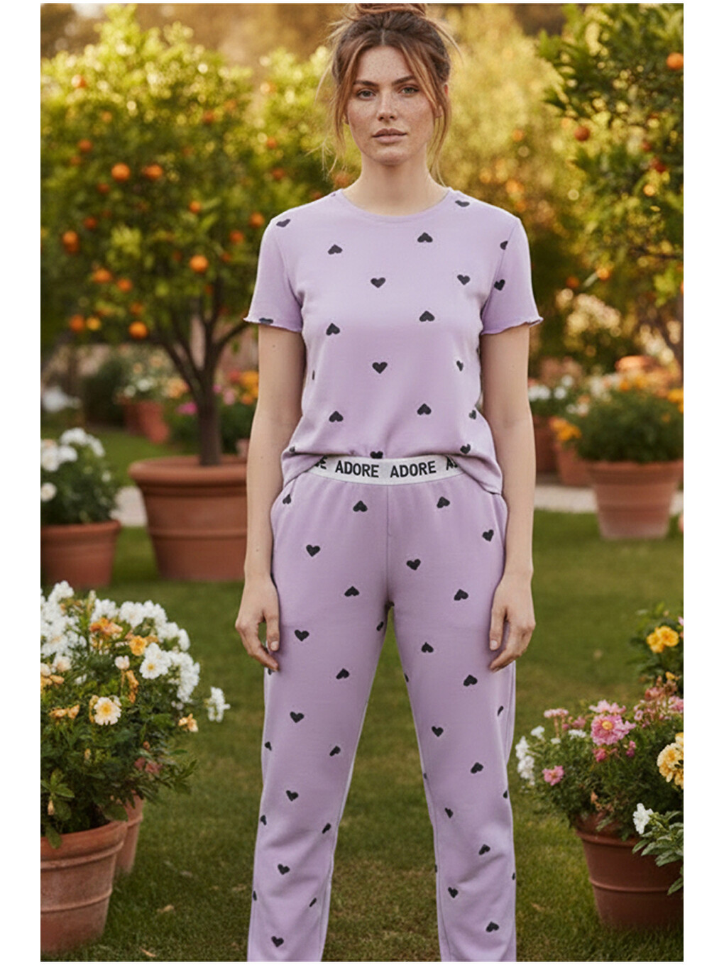 Lila Kalp Desenli Lastikli Fitilli Kaşkorse Örme Pijama Takım26120601-1