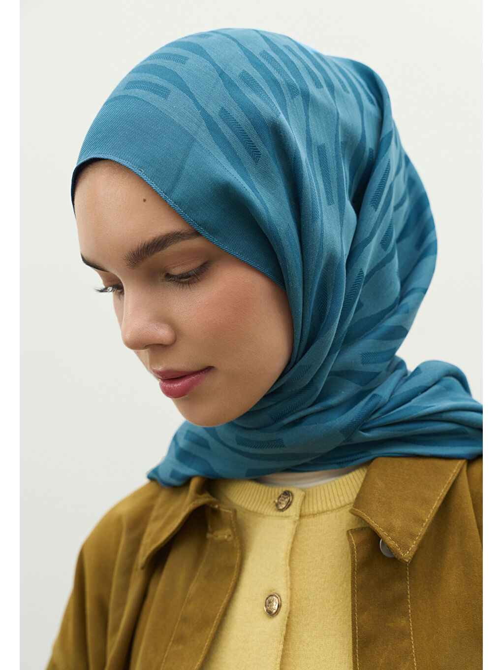 Mavi NARA PAMUK FLOŞ JAKARLI ŞAL Jean MAVİ-3