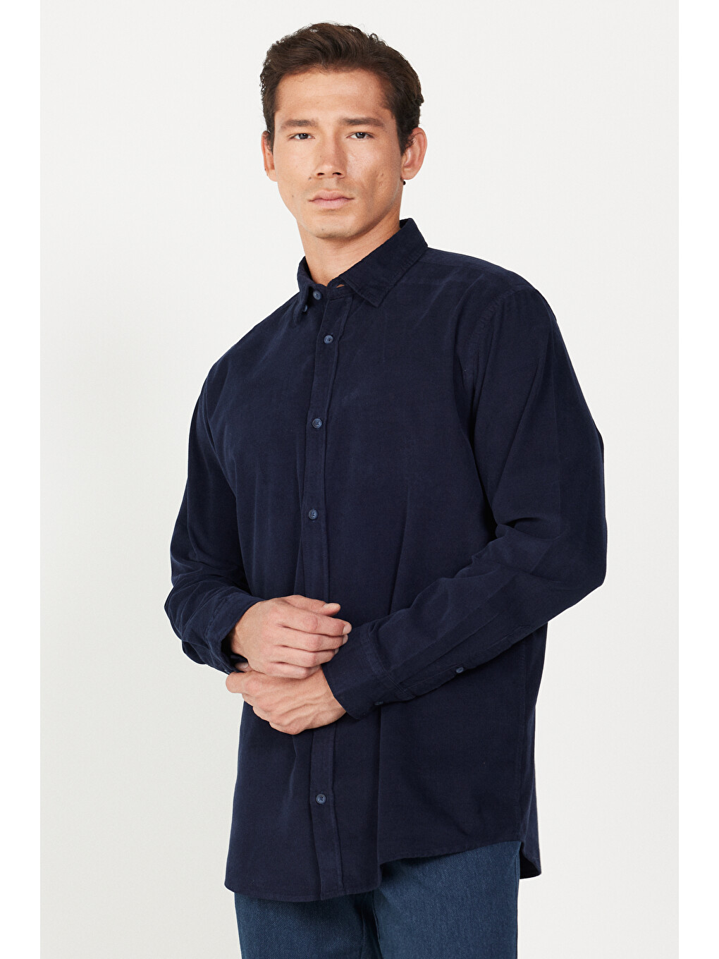 Erkek Lacivert Comfort Fit Gizli Düğmeli Yaka %100 Pamuk Gömlek-2