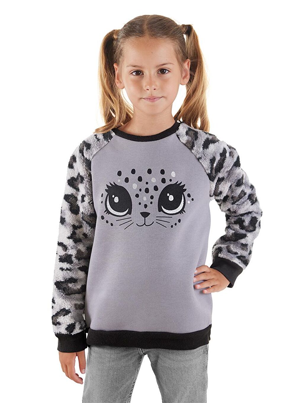 Denokids Gri Leopar Pelüş Kız Çocuk Sweatshirt