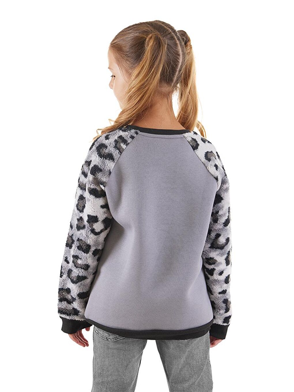 Denokids Gri Leopar Pelüş Kız Çocuk Sweatshirt - 1