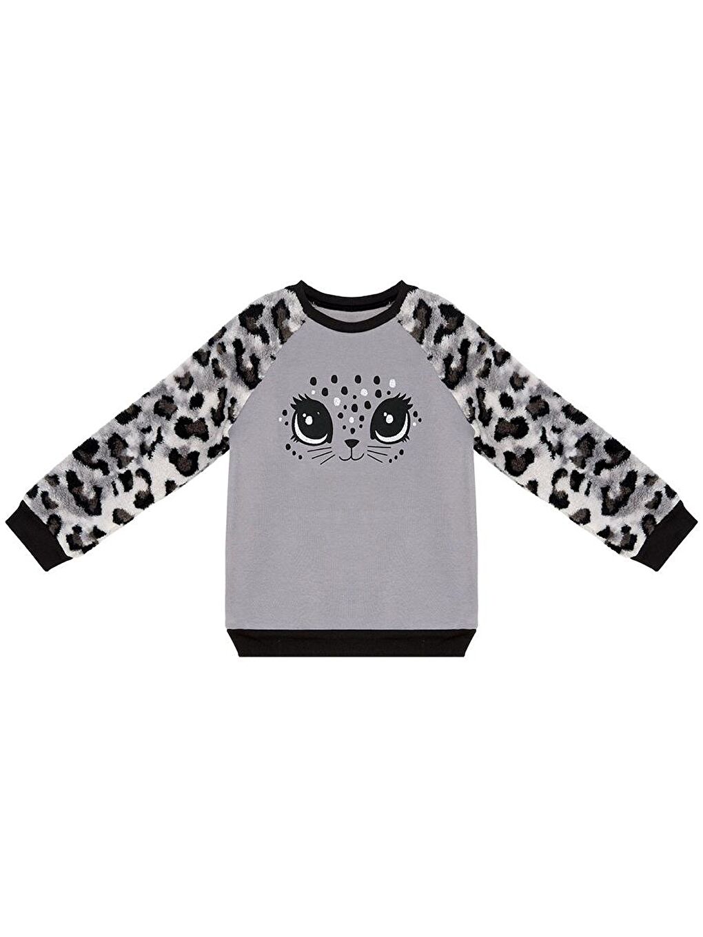 Denokids Gri Leopar Pelüş Kız Çocuk Sweatshirt - 2