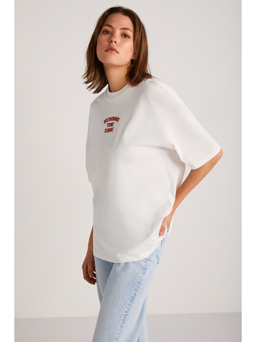 Lila ARCADIA Kadın %100 Pamuk Arka ve Önü Yazi Detaylı Baskılı Slim EKRU-KIRMIZI T-Shirt-4