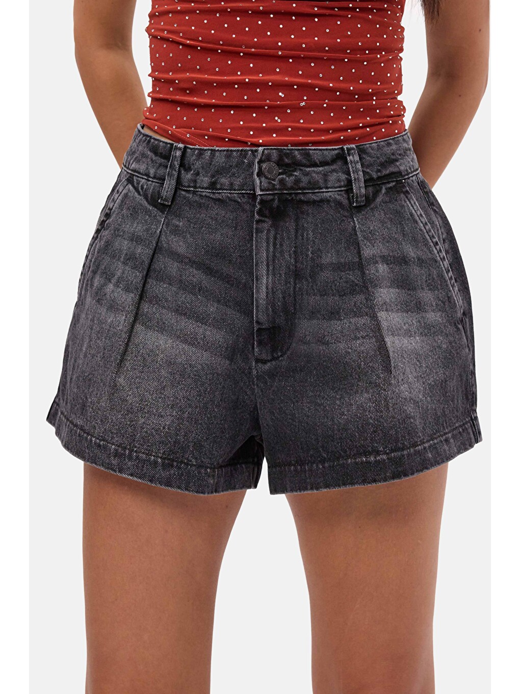 Gri Kadın Koyu Füme 2s6-1 Mini Pileli Denim Şort-1