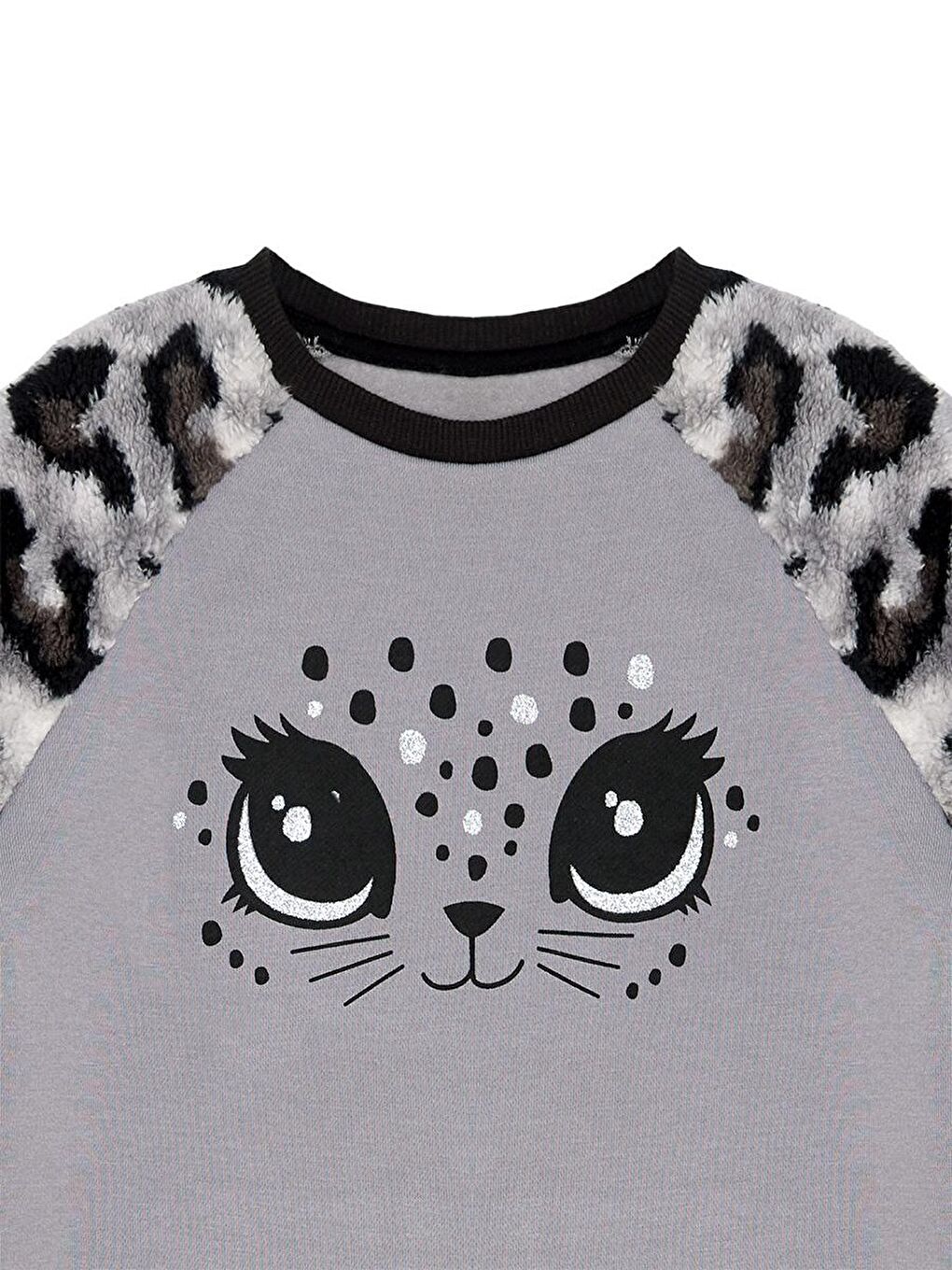 Denokids Gri Leopar Pelüş Kız Çocuk Sweatshirt - 4