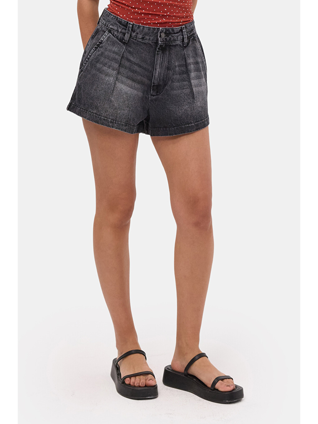 Gri Kadın Koyu Füme 2s6-1 Mini Pileli Denim Şort-2