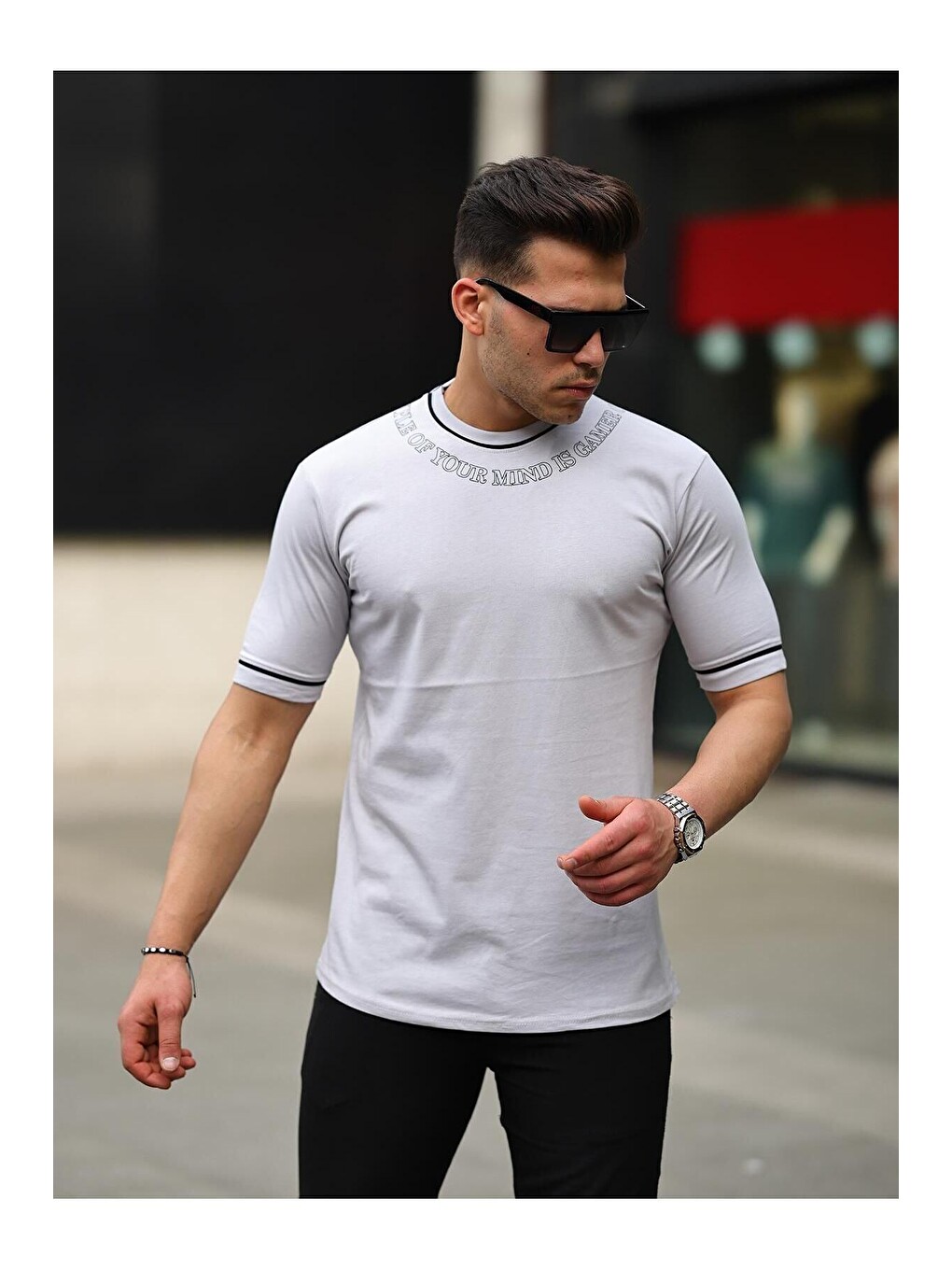 Gri Erkek Slim Fit Boyun Baskılı Tişört-2