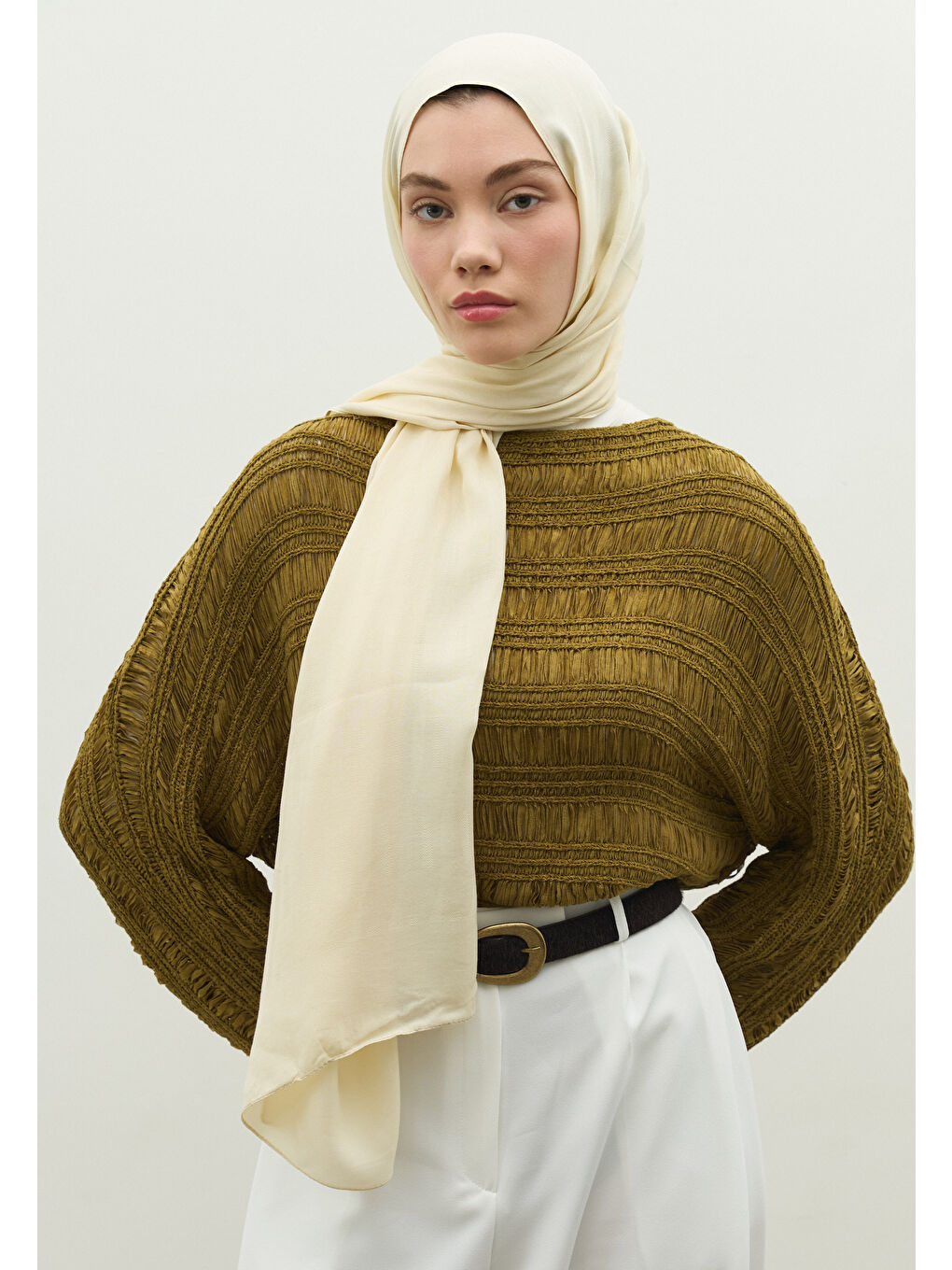 Kahverengi NARA PAMUK FLOŞ JAKARLI ŞAL TEREYAĞI-1