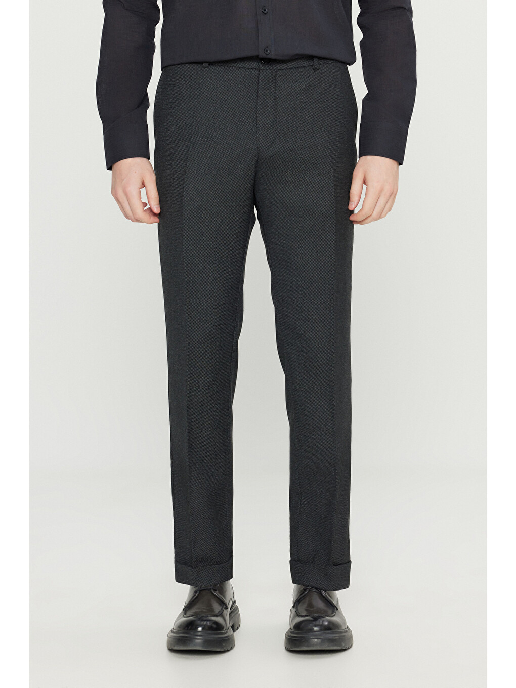 Erkek Siyah Yünlü Slim Fit Dar Kesim Beli Gizli Lastikli Yan Cepli Klasik Pantolon