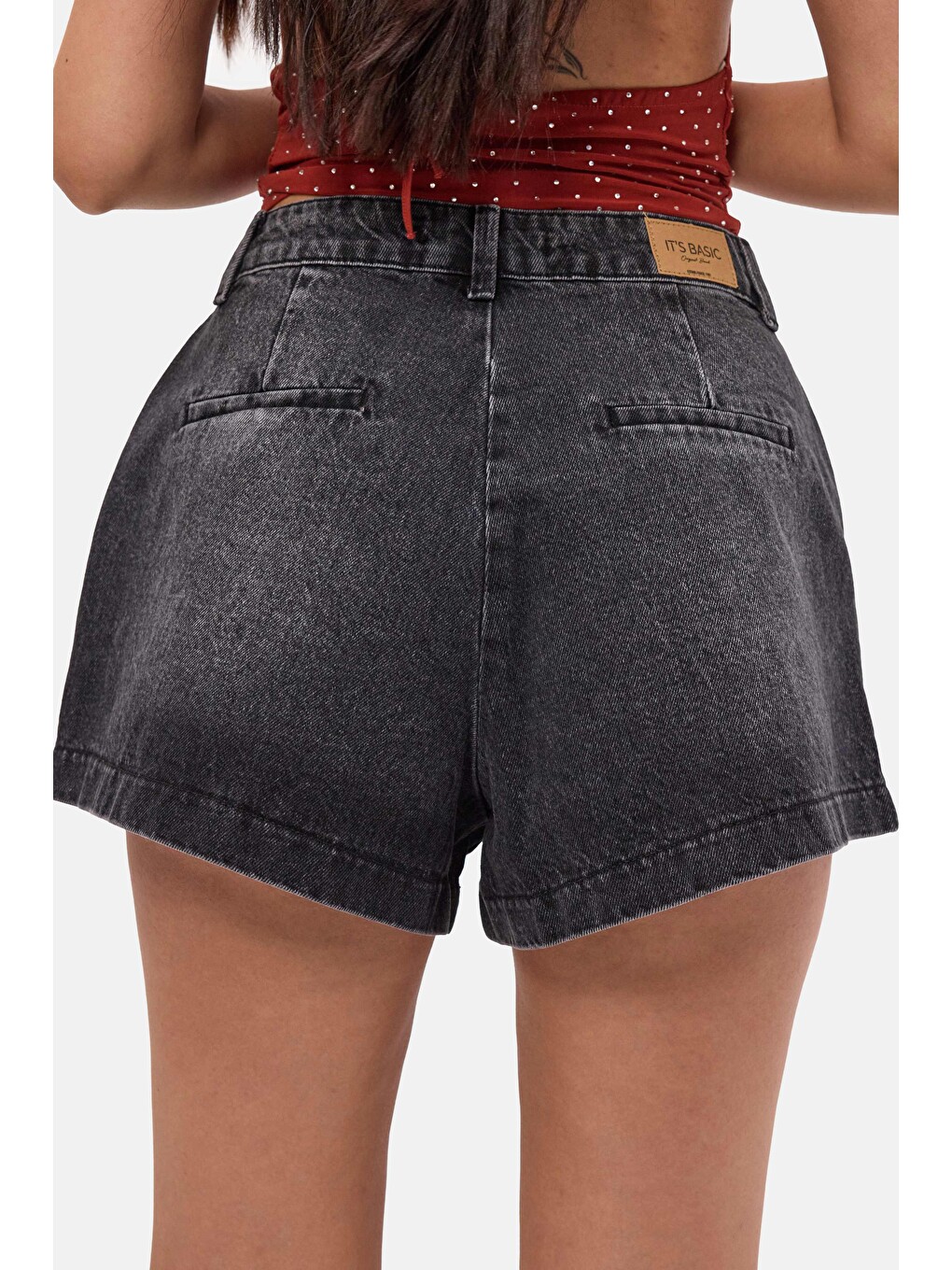 Gri Kadın Koyu Füme 2s6-1 Mini Pileli Denim Şort-4