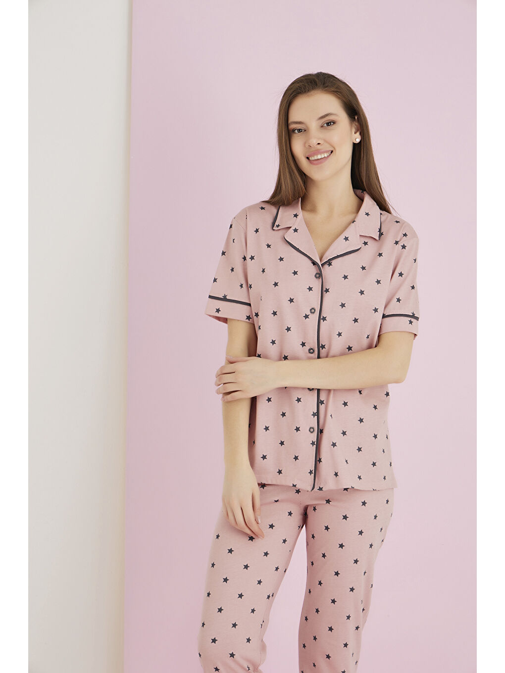 Pembe Penye Düğmeli Pijama Takımı 7093-8-1