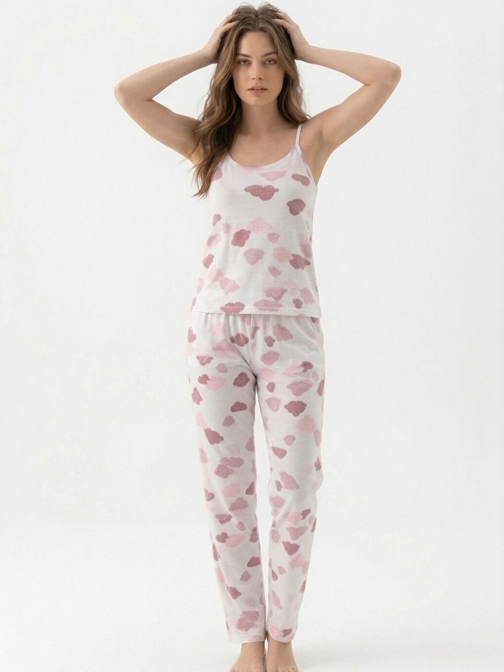 Kadın Pembe Bulut Desenli İp Askılı Bürümcük Uzun Premium Pijama Takım-1