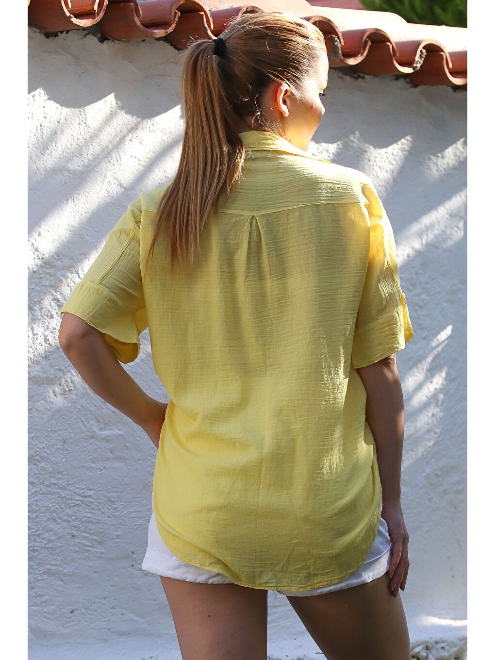 Sarı Gömlek Yaka Kısa Kol Kapamasız Yıkamalı Casual Dokuma Gömlek 62 67-1