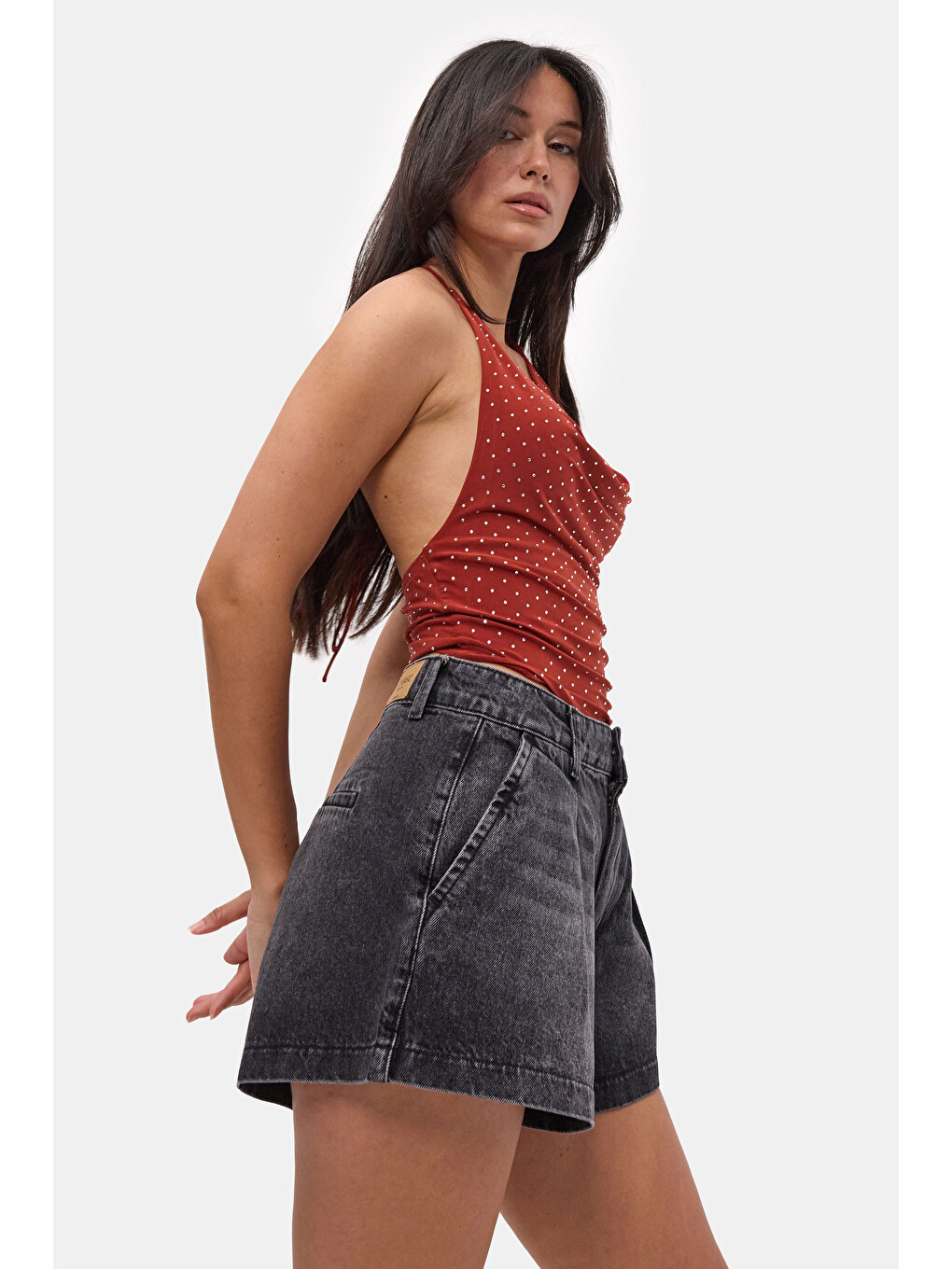 Gri Kadın Koyu Füme 2s6-1 Mini Pileli Denim Şort-6