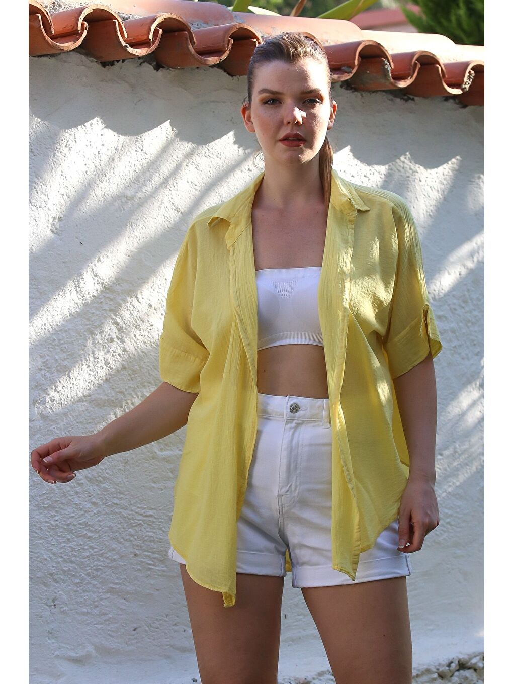 Sarı Gömlek Yaka Kısa Kol Kapamasız Yıkamalı Casual Dokuma Gömlek 62 67-2