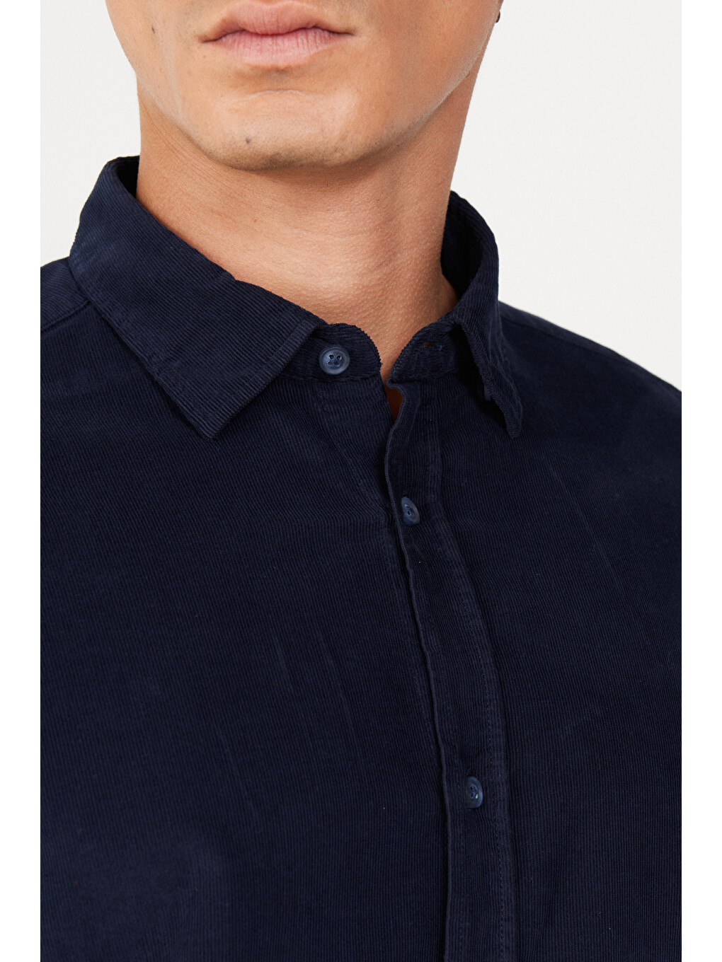 Erkek Lacivert Comfort Fit Gizli Düğmeli Yaka %100 Pamuk Gömlek-4