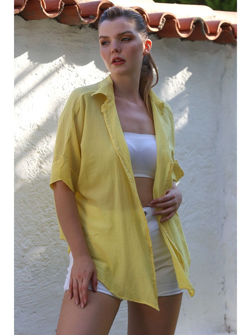 Sarı Gömlek Yaka Kısa Kol Kapamasız Yıkamalı Casual Dokuma Gömlek 62 67-3