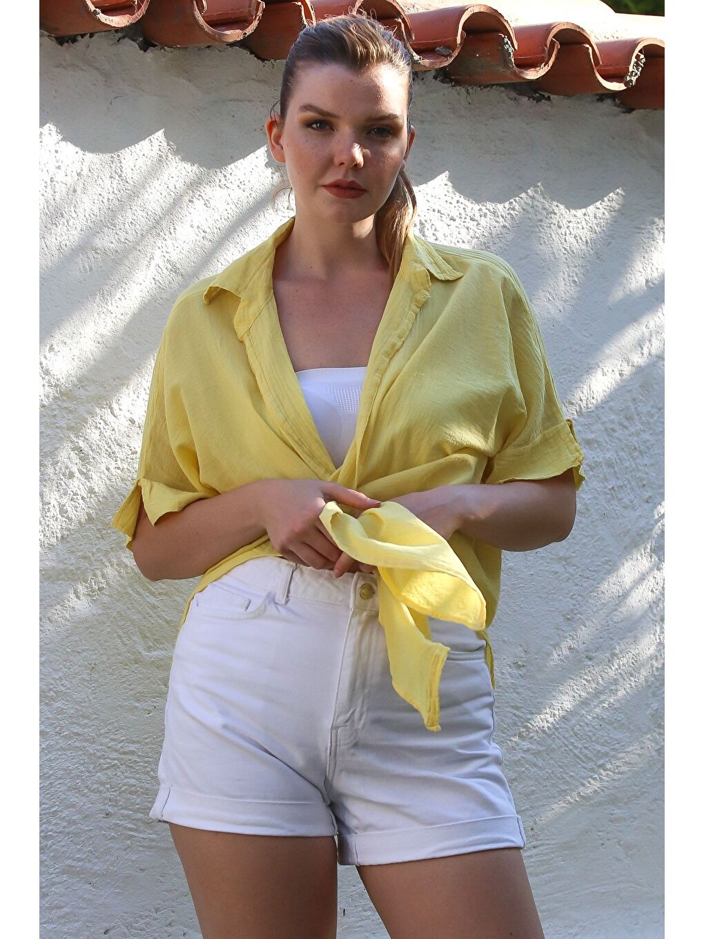 Sarı Gömlek Yaka Kısa Kol Kapamasız Yıkamalı Casual Dokuma Gömlek 62 67-4