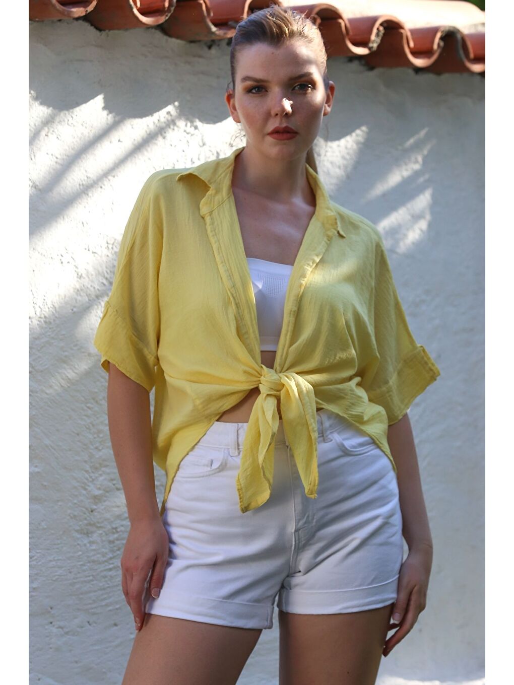 Sarı Gömlek Yaka Kısa Kol Kapamasız Yıkamalı Casual Dokuma Gömlek 62 67-5