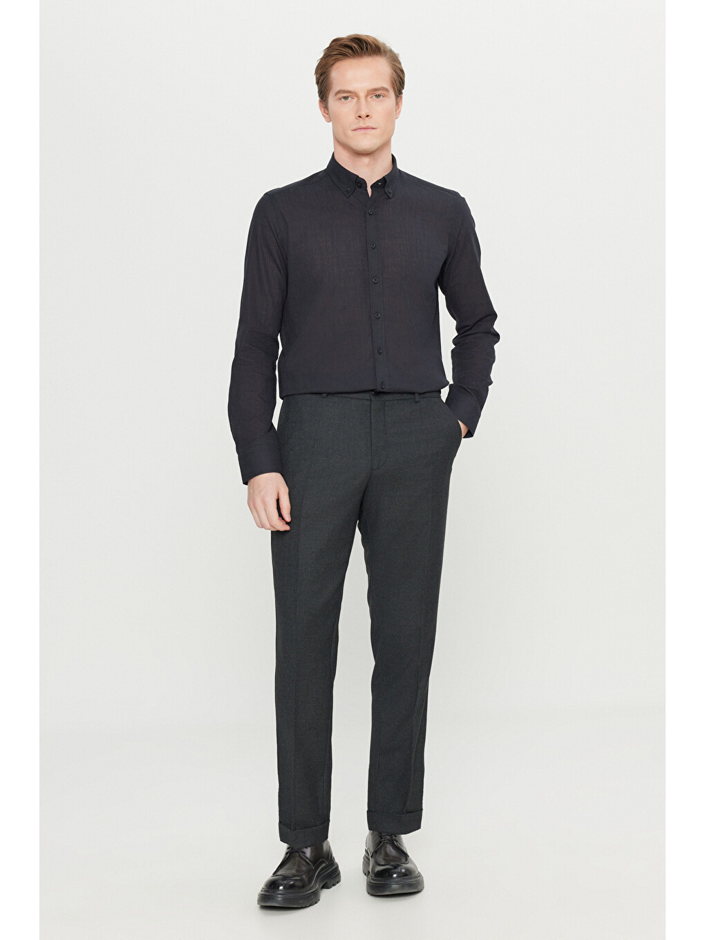 Erkek Siyah Yünlü Slim Fit Dar Kesim Beli Gizli Lastikli Yan Cepli Klasik Pantolon-2