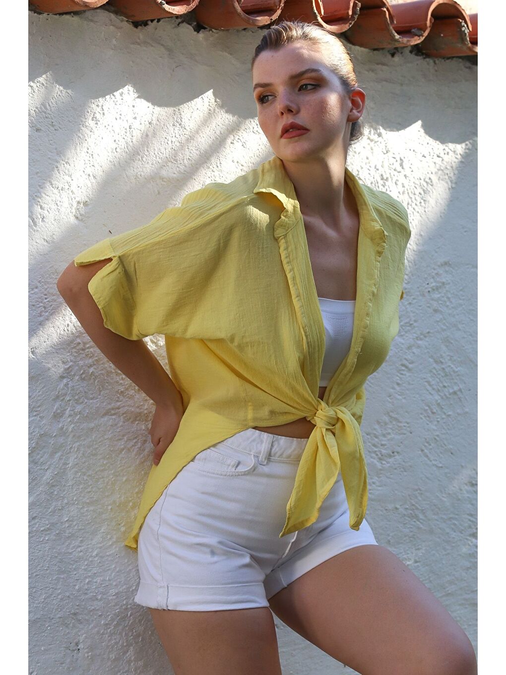 Sarı Gömlek Yaka Kısa Kol Kapamasız Yıkamalı Casual Dokuma Gömlek 62 67-7