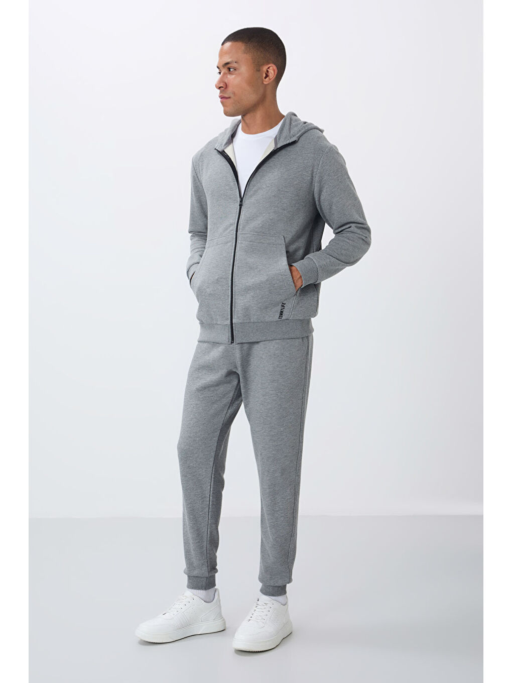 Gri Melanj Kompakt Pamuklu Kalın Pürüzsüz Dokulu Kapüşonlu Comfort Fit Erkek Eşofman Takım   85262-4