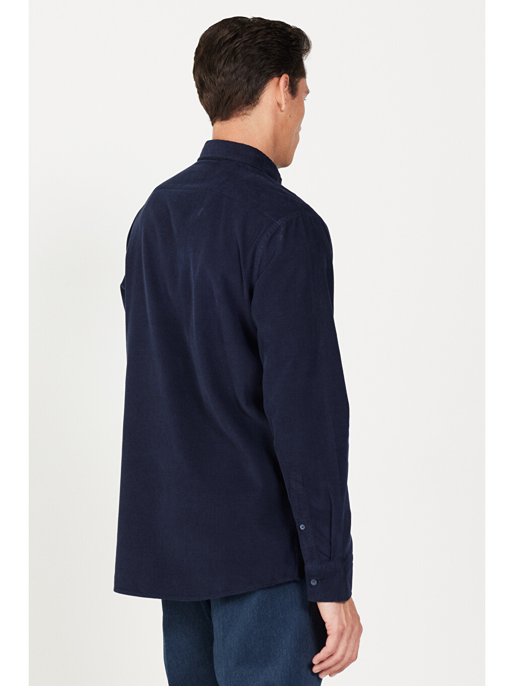 Erkek Lacivert Comfort Fit Gizli Düğmeli Yaka %100 Pamuk Gömlek-5