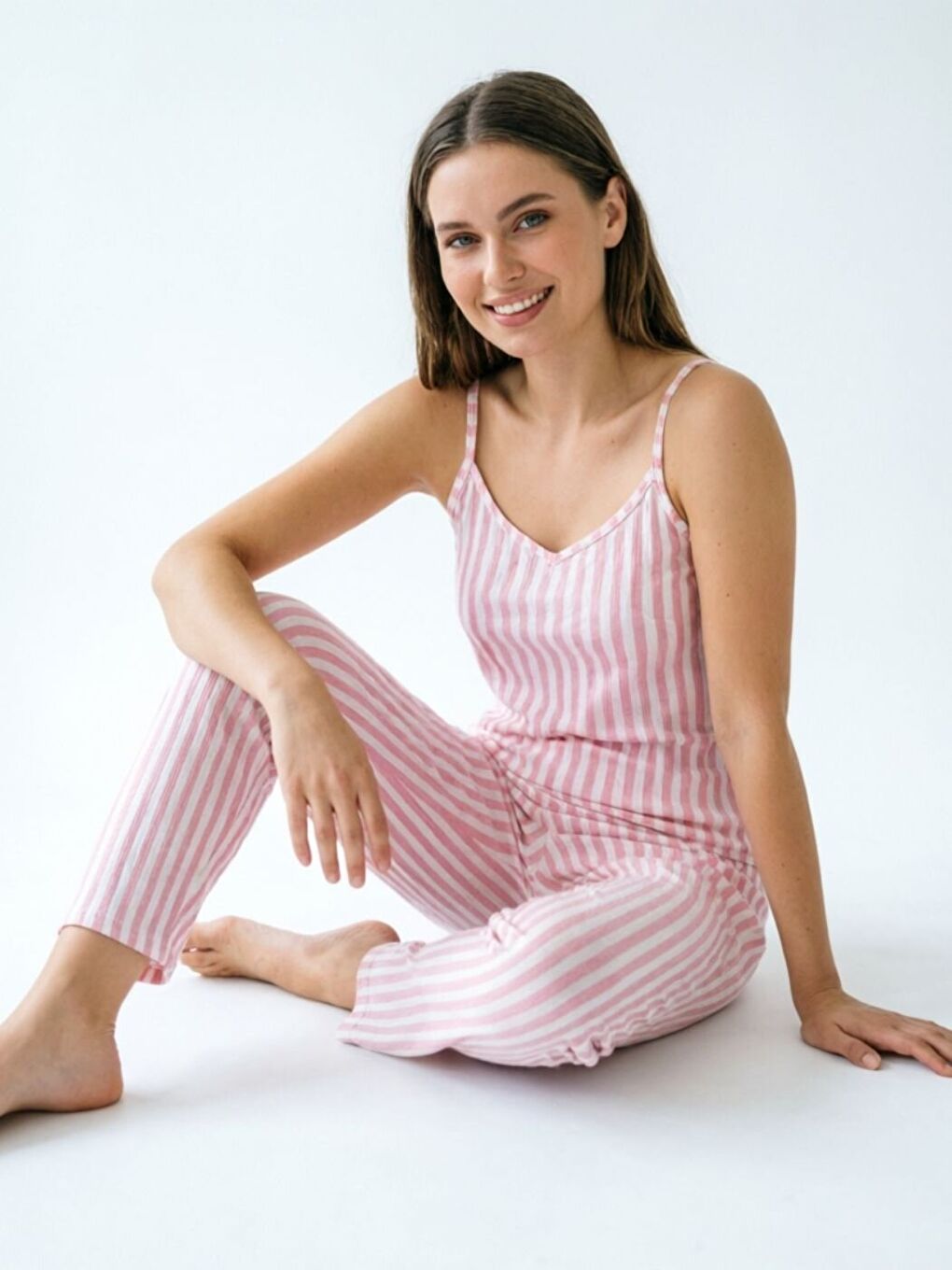 Kadın Pembe Çizgili İp Askılı Bürümcük Uzun Premium Pijama Takım