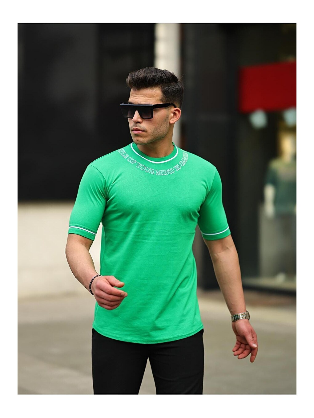 Yeşil Erkek Slim Fit Boyun Baskılı Tişört