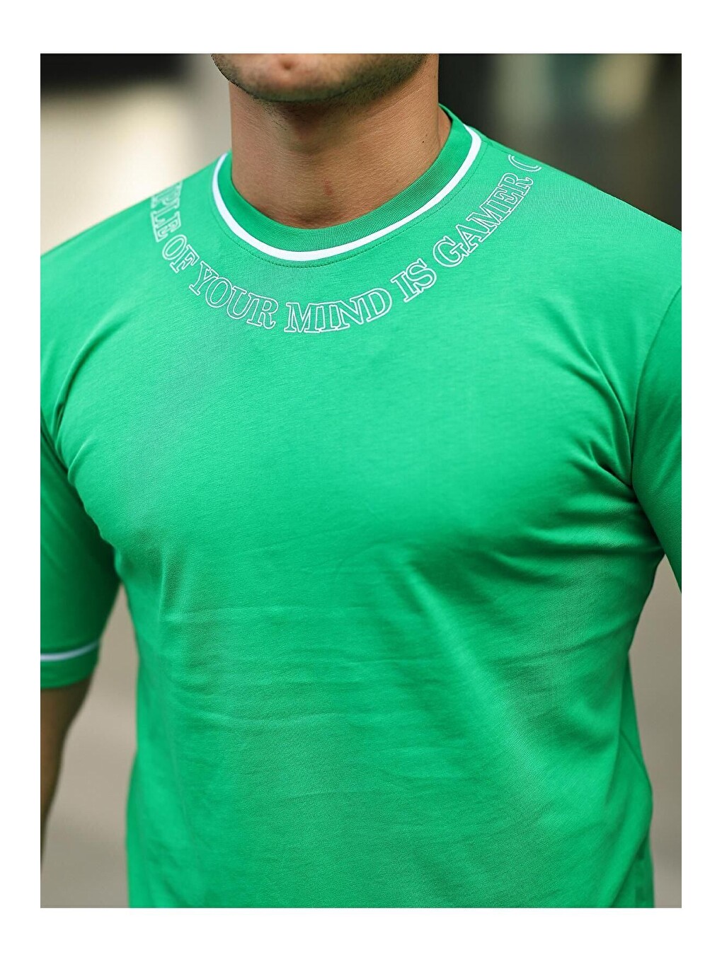 Yeşil Erkek Slim Fit Boyun Baskılı Tişört-1