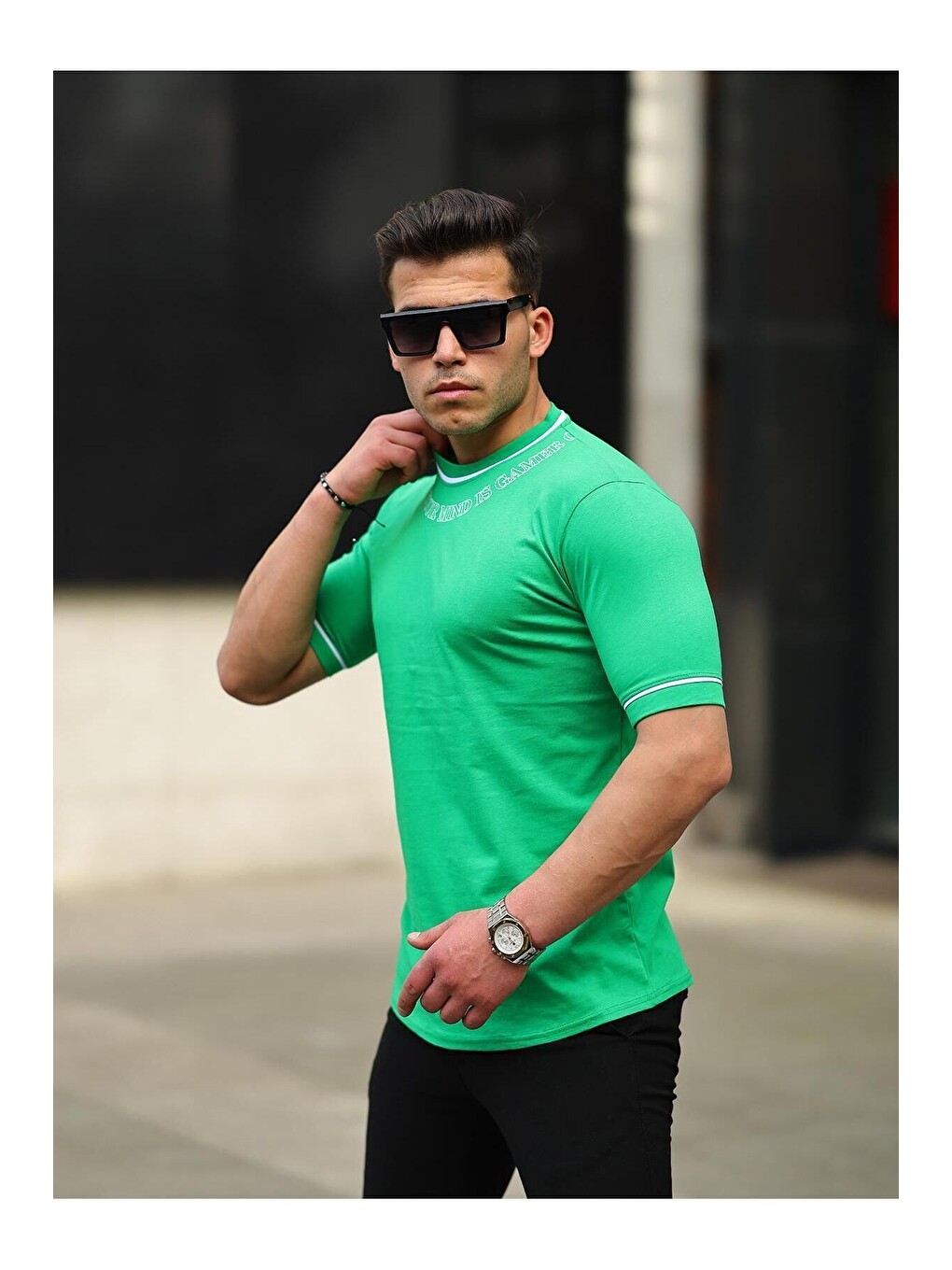 Yeşil Erkek Slim Fit Boyun Baskılı Tişört-2