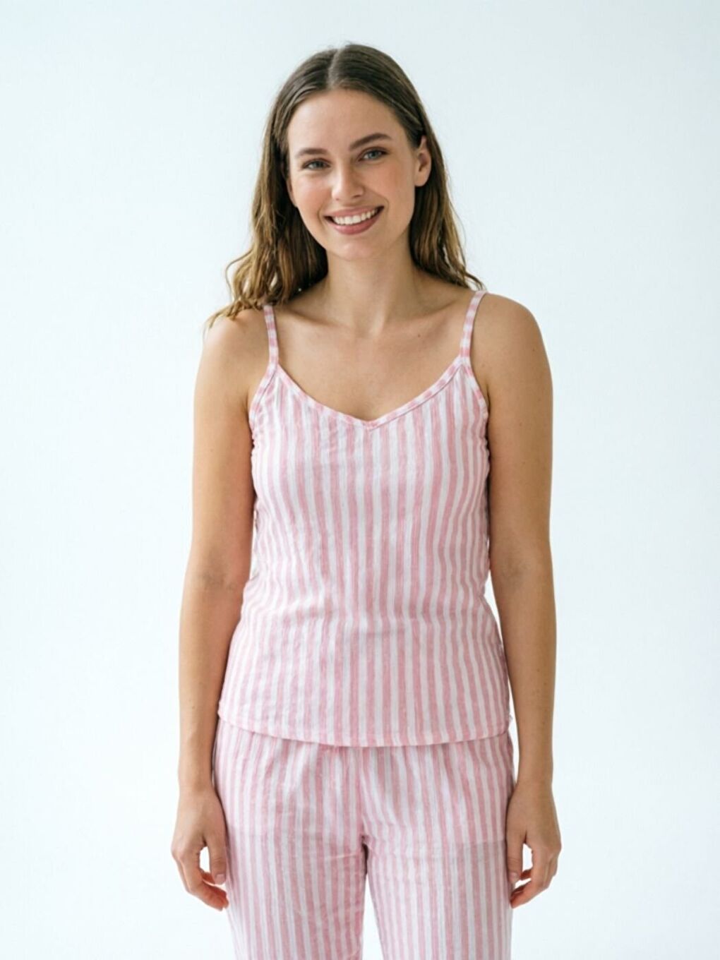 Kadın Pembe Çizgili İp Askılı Bürümcük Uzun Premium Pijama Takım-1