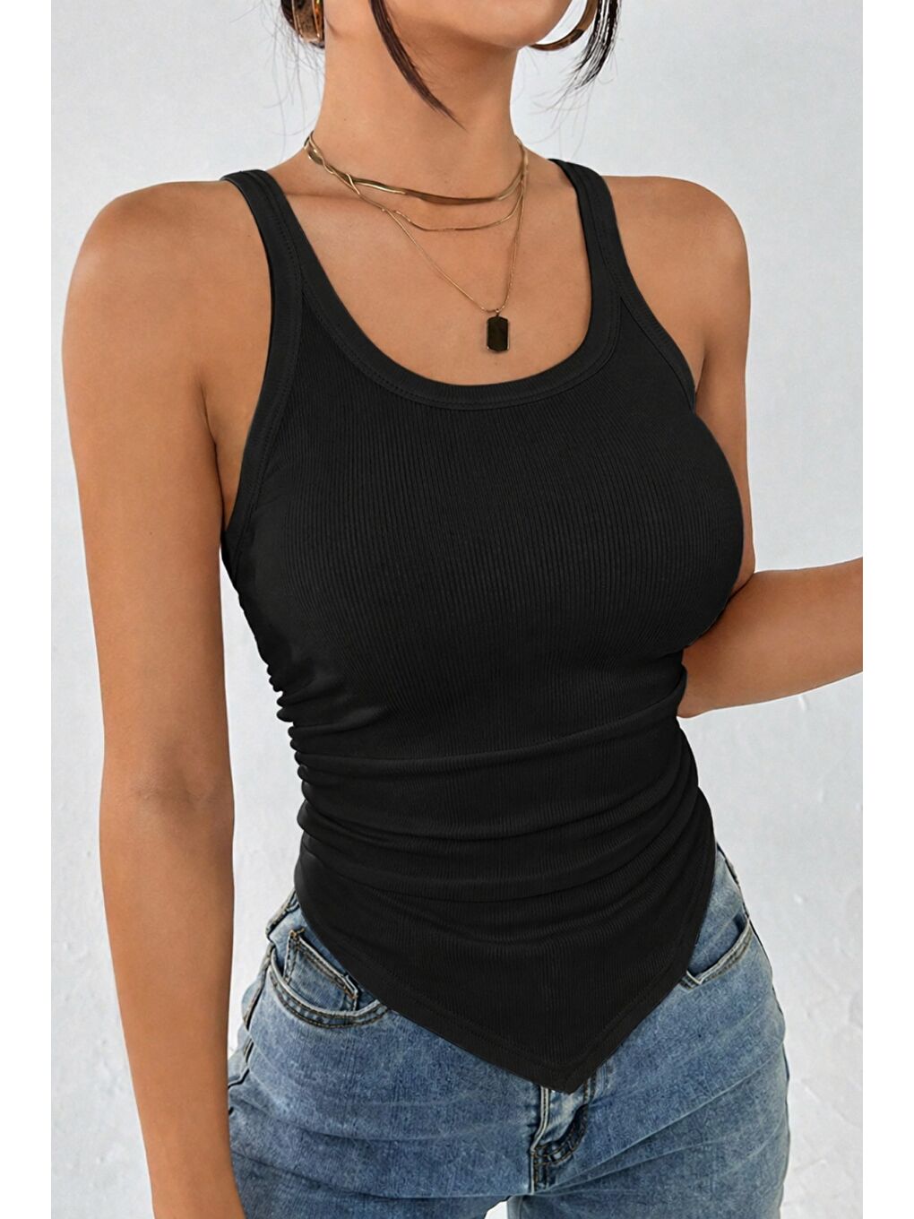 Siyah Kadın Fitilli Atlet Slim Fit Kaşkorse Basic Yazlık Askılı Bluz