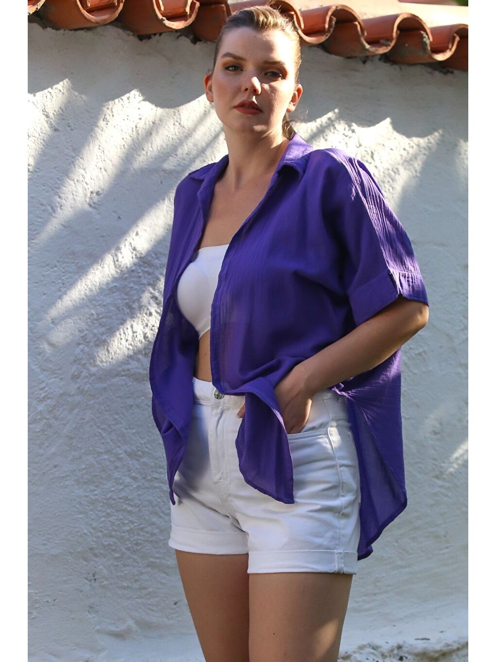 Mor Gömlek Yaka Kısa Kol Kapamasız Yıkamalı Casual Dokuma Gömlek 62 67