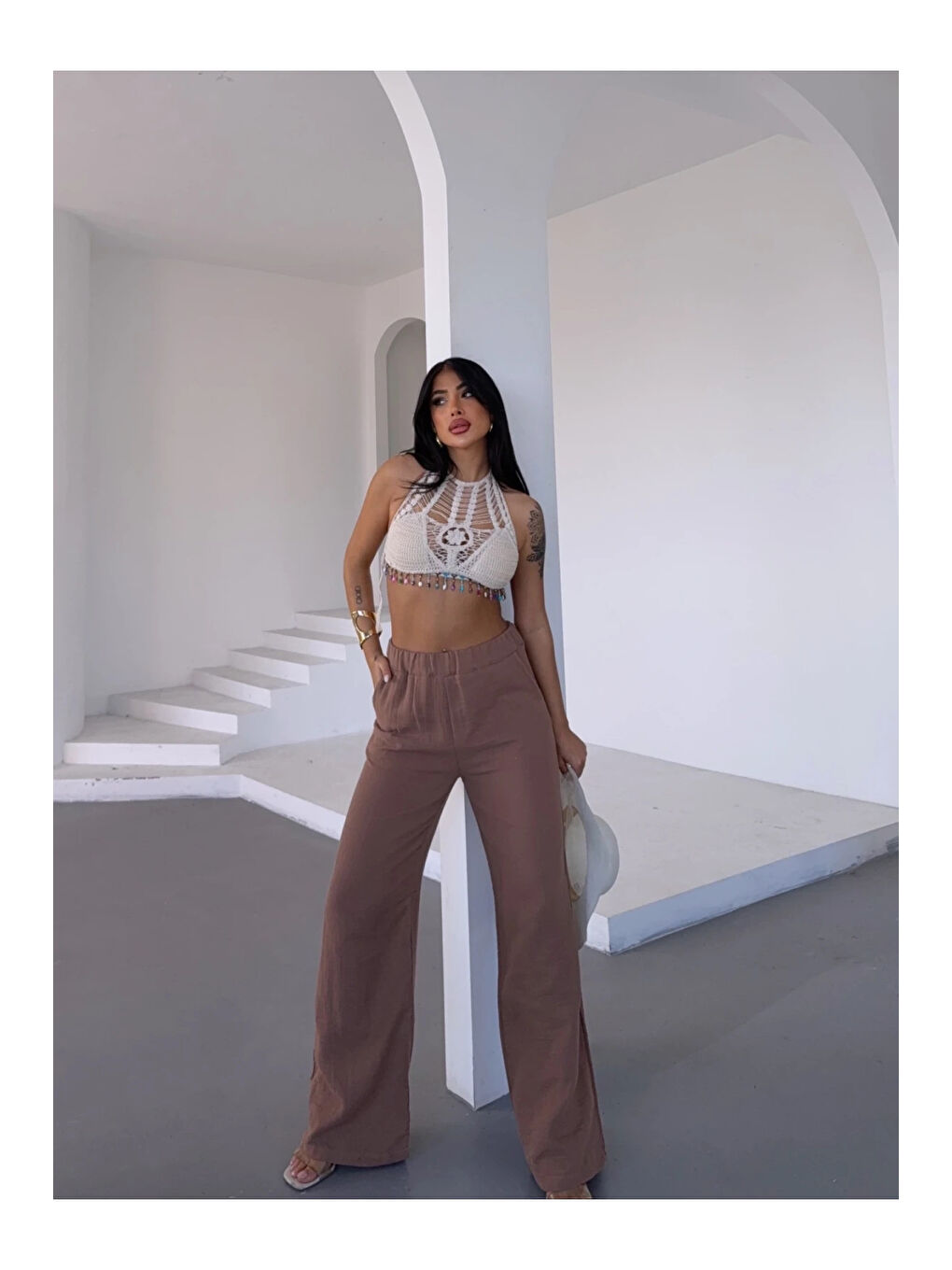 Sarı Kadın Camel Beli Lastikli Müslin Kumaş Bol Paça Pantolon HZL25S-DSB12221