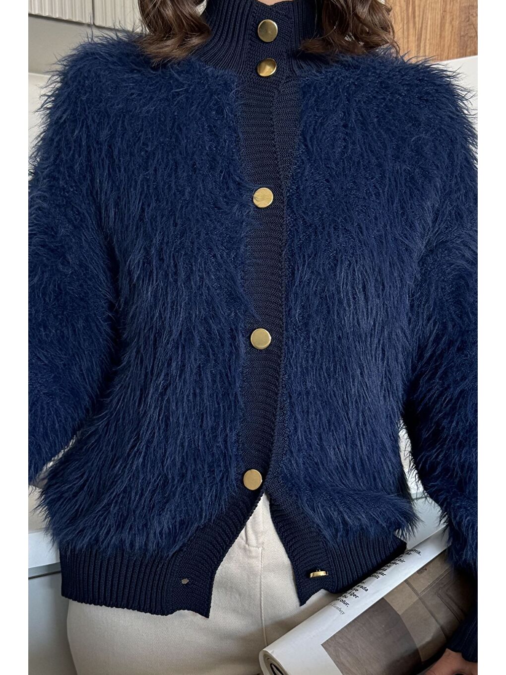 Lacivert Kadın Sakallı Triko Ceket-1