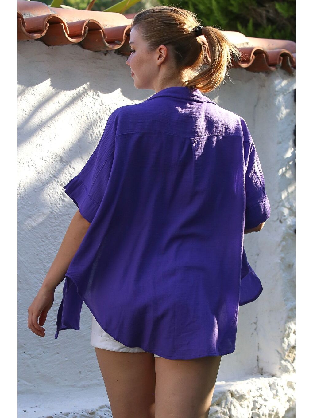 Mor Gömlek Yaka Kısa Kol Kapamasız Yıkamalı Casual Dokuma Gömlek 62 67-1